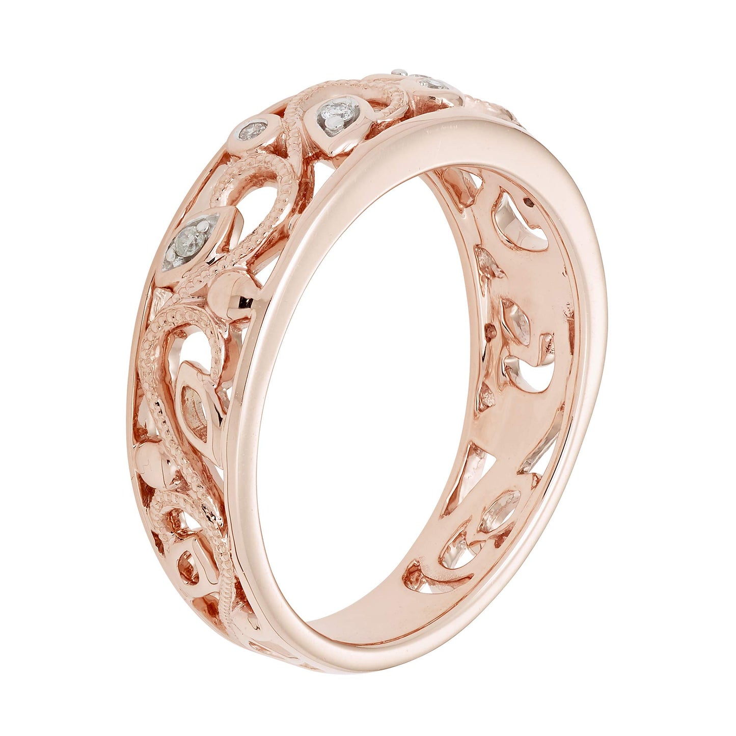 10K Rose Gold Genuine Diamond Accent Openwork Filigree Wide Band Ring
