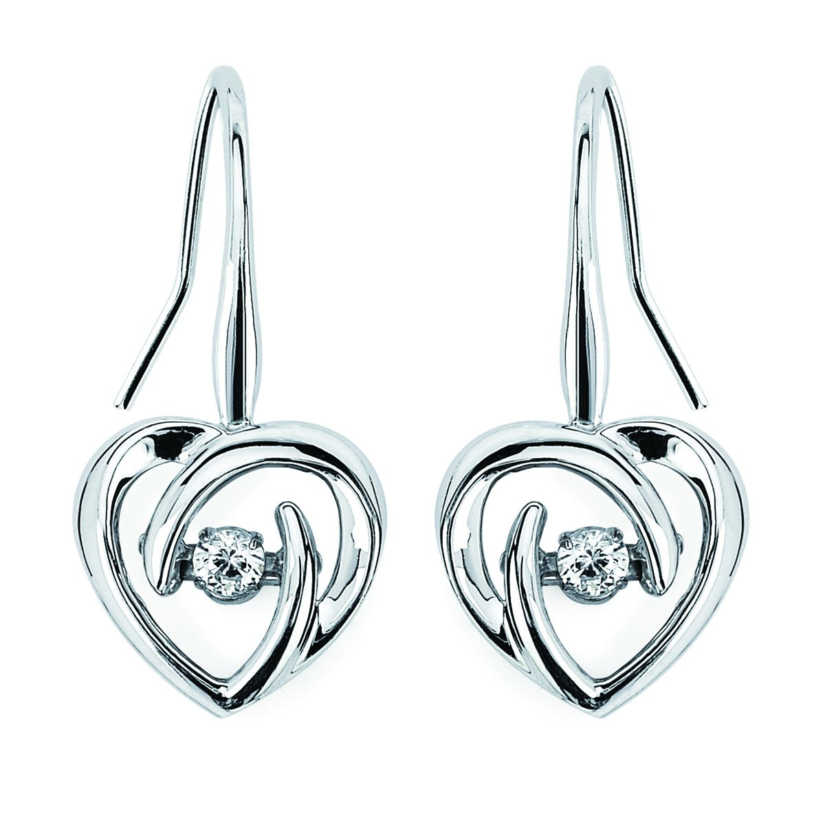 Sterling Silver 1/10cttw Genuine Dancing Diamond Heart Earrings