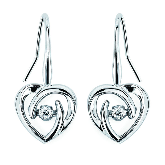 Sterling Silver 1/10cttw Genuine Dancing Diamond Heart Earrings