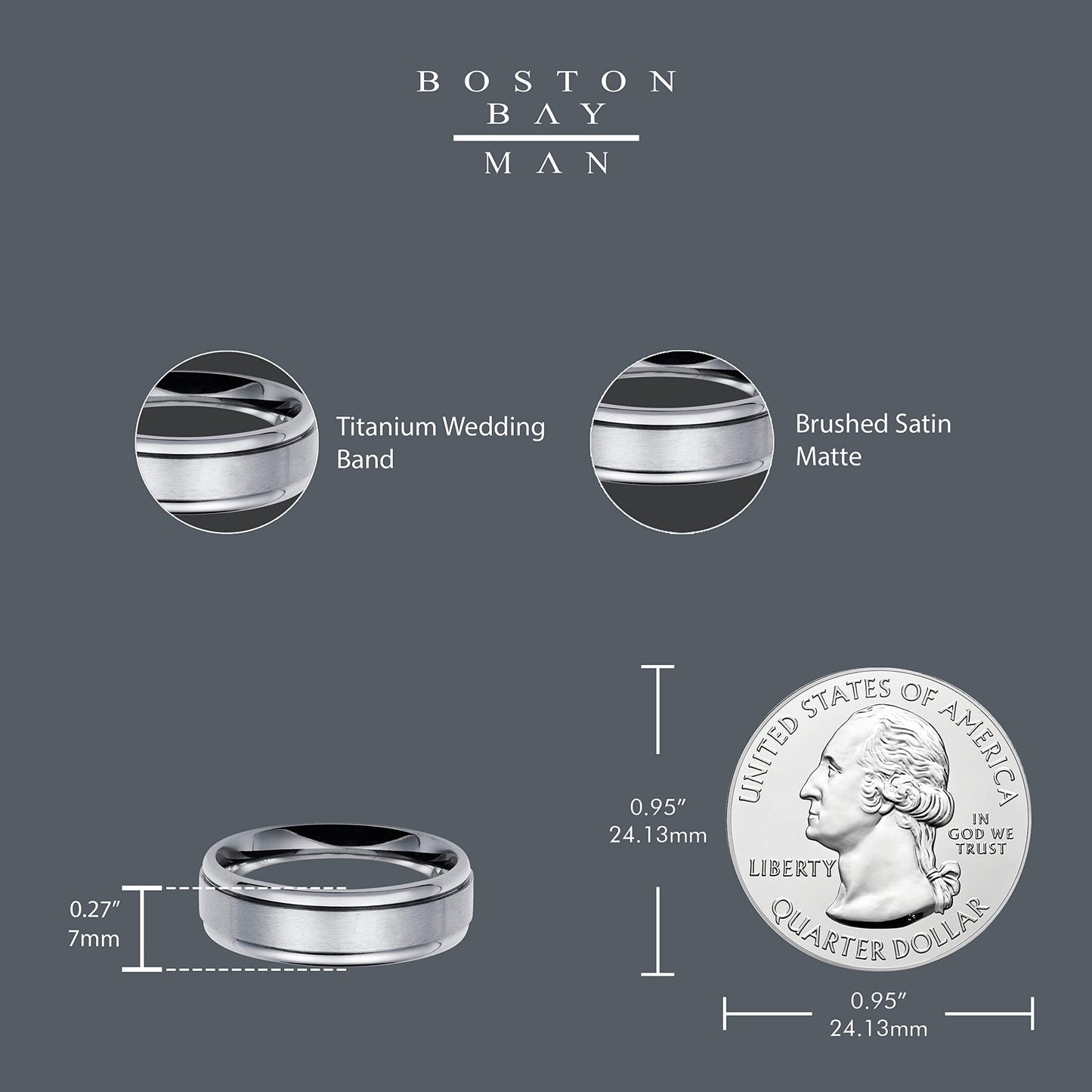 Brushed Satin Matte High-Polish Rounded Border Edge Titanium 7mm Fashion or Wedding Band Ring