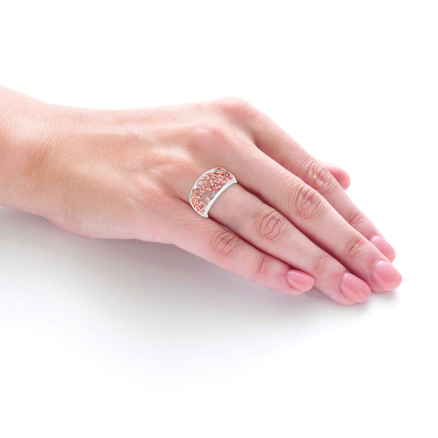 1/10cttw Diamond Floral Wide Band Ring in 14K Rose Gold Plated Sterling Silver
