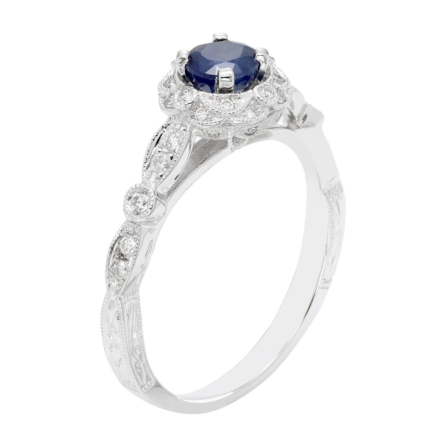 Genuine Blue Sapphire & 1/4cttw Diamond Vintage Milgrain Halo 10K White Gold Engagement or Statement Ring