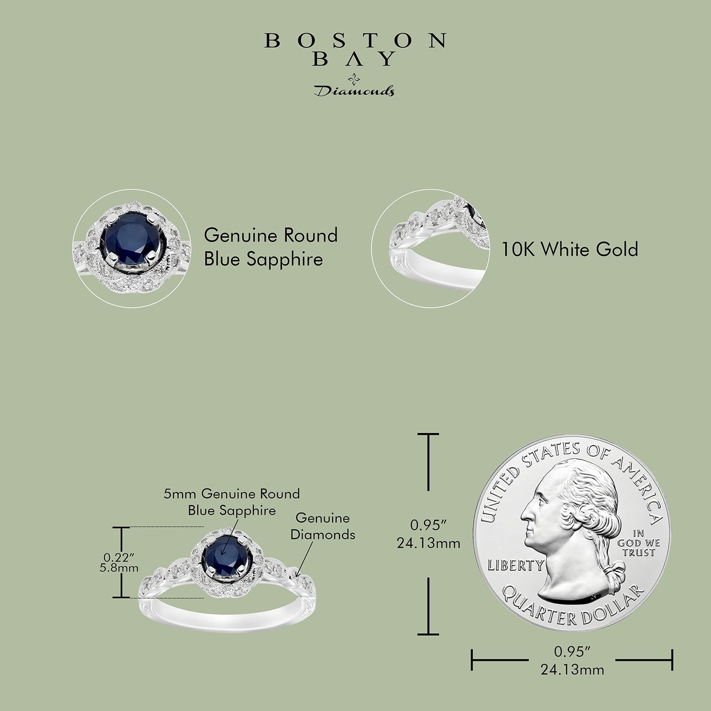 Genuine Blue Sapphire & 1/4cttw Diamond Vintage Milgrain Halo 10K White Gold Engagement or Statement Ring