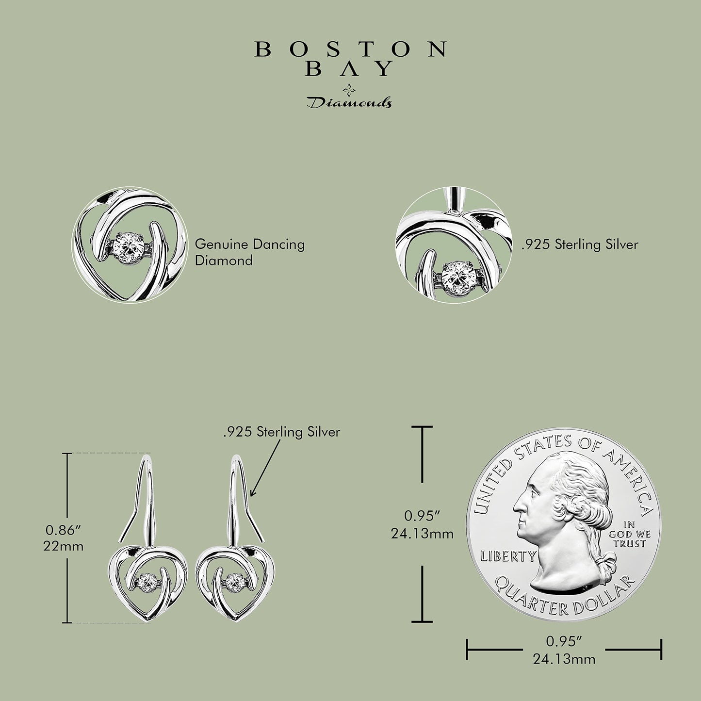 Sterling Silver 1/10cttw Genuine Dancing Diamond Heart Earrings