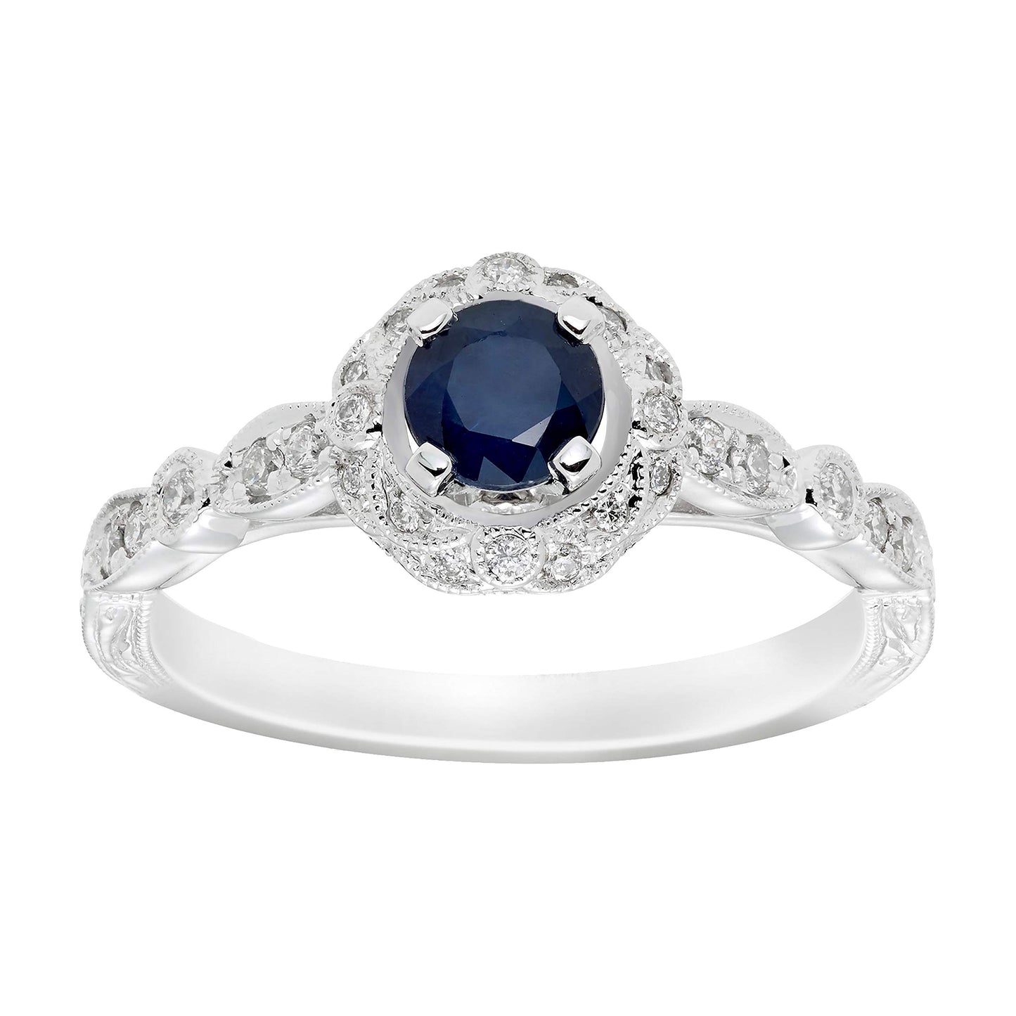 Genuine Blue Sapphire & 1/4cttw Diamond Vintage Milgrain Halo 10K White Gold Engagement or Statement Ring