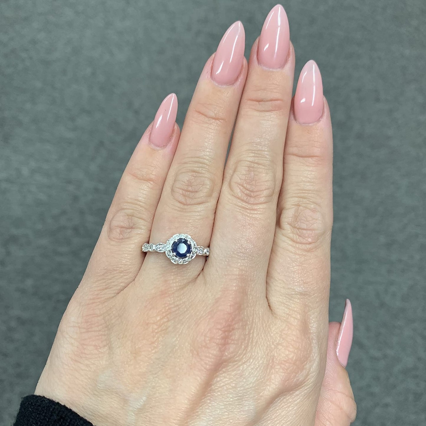 Genuine Blue Sapphire & 1/4cttw Diamond Vintage Milgrain Halo 10K White Gold Engagement or Statement Ring