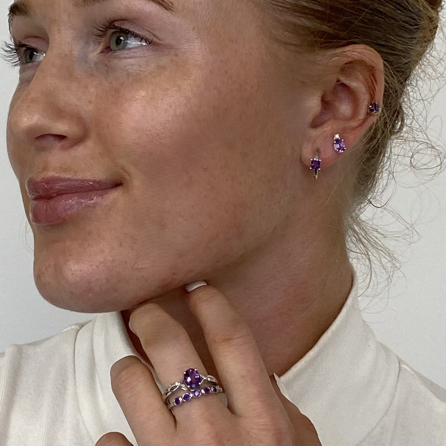 Amethyst Princess Cut Half Hoop February Birthstone Earrings in .925 Sterling Silver