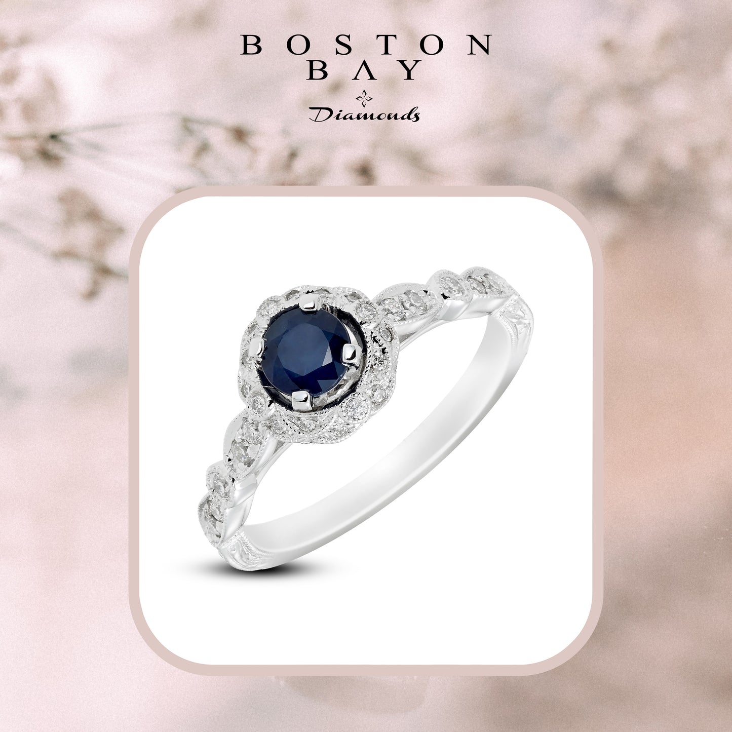 Genuine Blue Sapphire & 1/4cttw Diamond Vintage Milgrain Halo 10K White Gold Engagement or Statement Ring