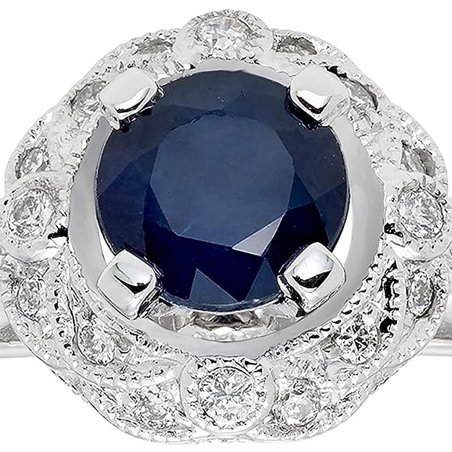 Genuine Blue Sapphire & 1/4cttw Diamond Vintage Milgrain Halo 10K White Gold Engagement or Statement Ring