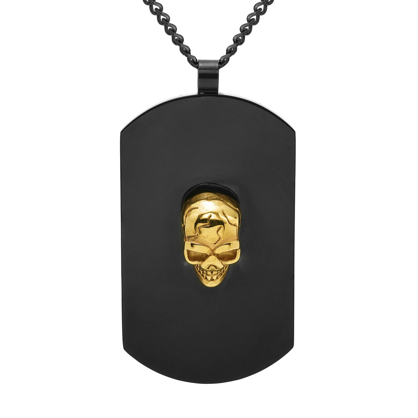 Skull Dog Tag Pendant in Yellow & Black Ion-Plated 316L Stainless Steel on 24" Black Curb Chain
