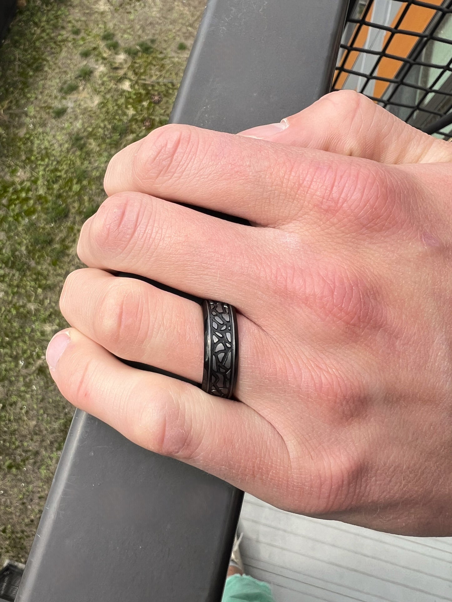 Tantalum 8mm Black Ion-Plated Steel Rock Pattern Band Ring