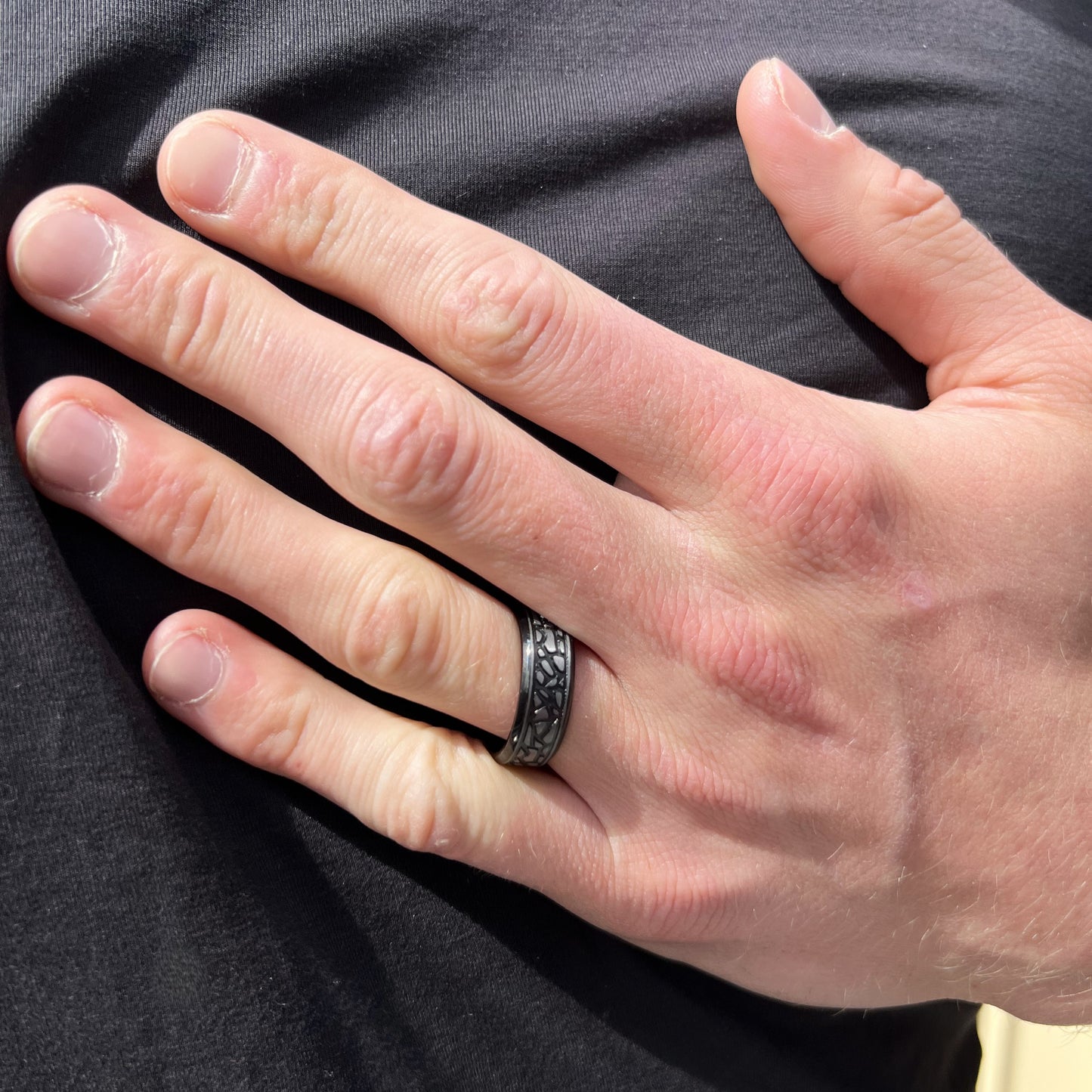 Tantalum 8mm Black Ion-Plated Steel Rock Pattern Band Ring