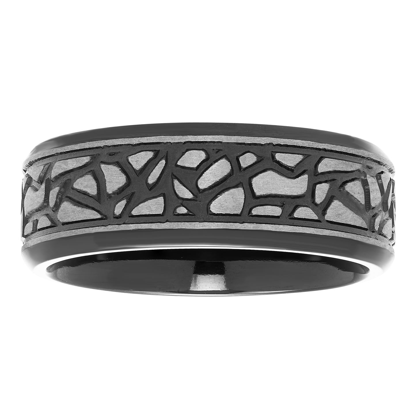 Tantalum 8mm Black Ion-Plated Steel Rock Pattern Band Ring