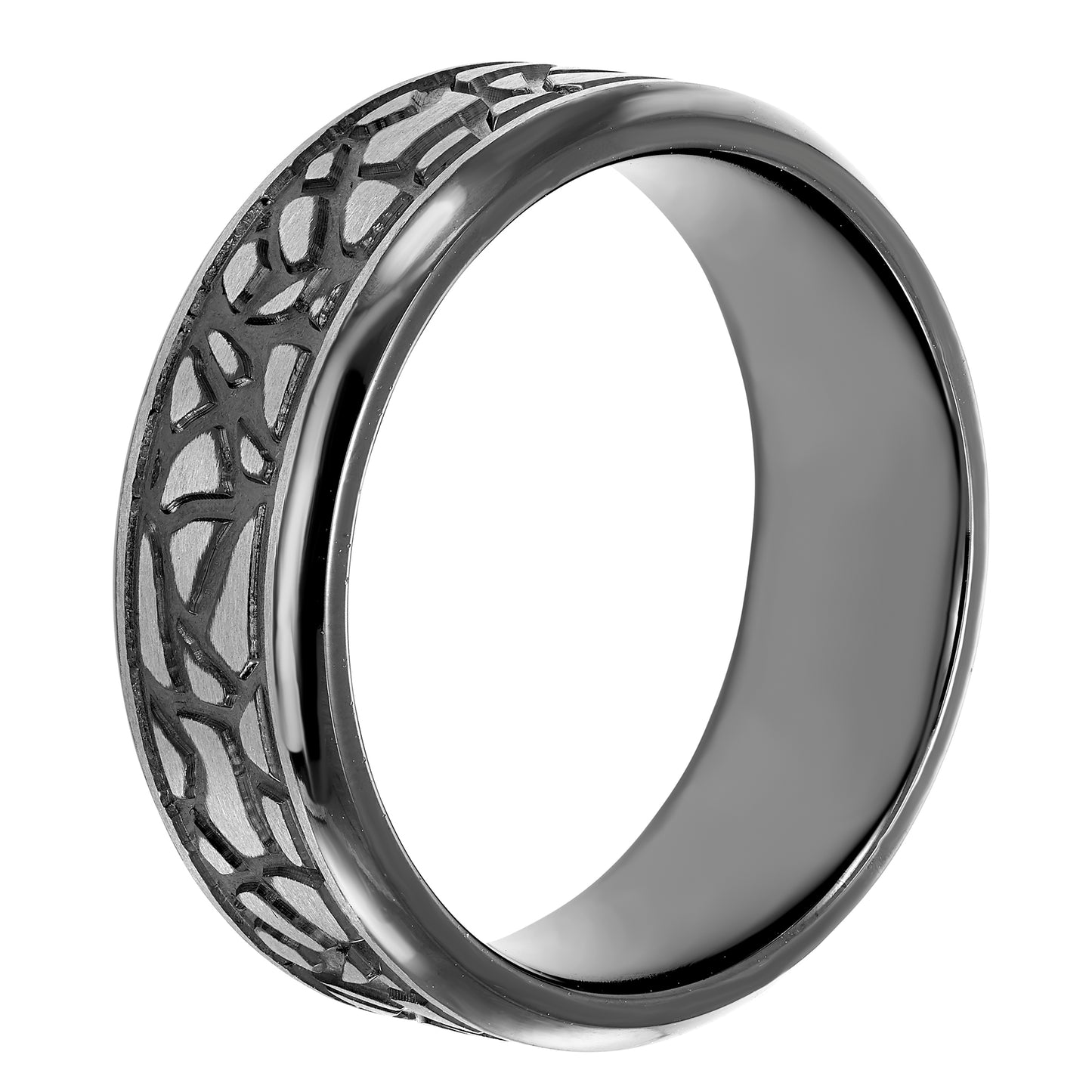 Tantalum 8mm Black Ion-Plated Steel Rock Pattern Band Ring