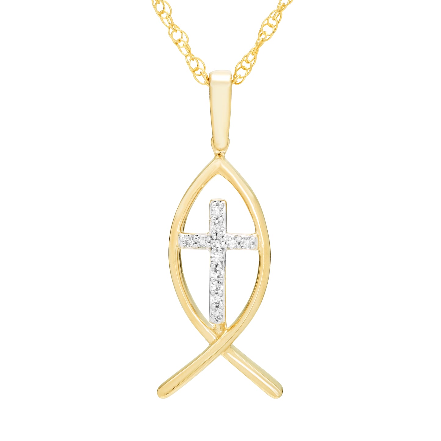 Ichthys Sign of the Fish Diamond Cross Pendant in 14K Yellow Gold Plated Silver