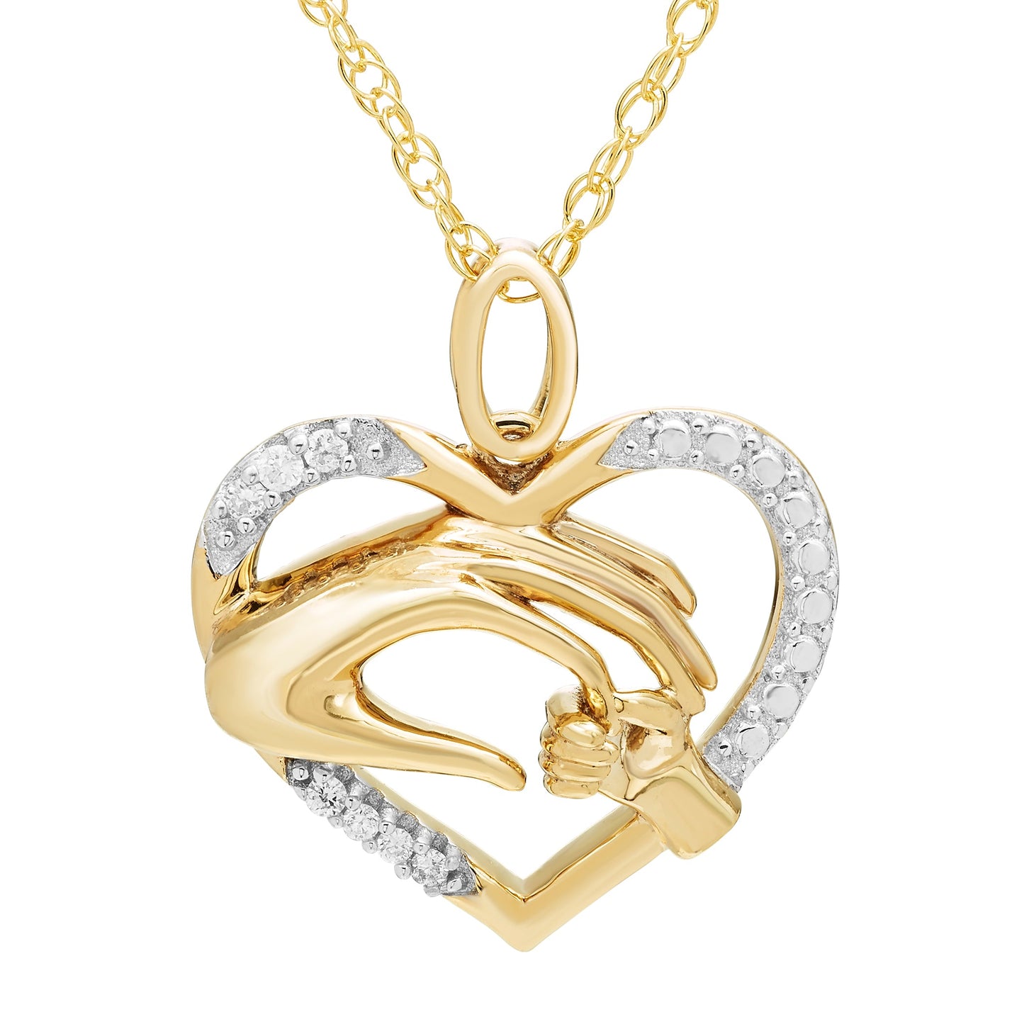 Diamond Heart Mom-Child Hand Pendant in 14K Yellow Gold Plated Sterling Silver