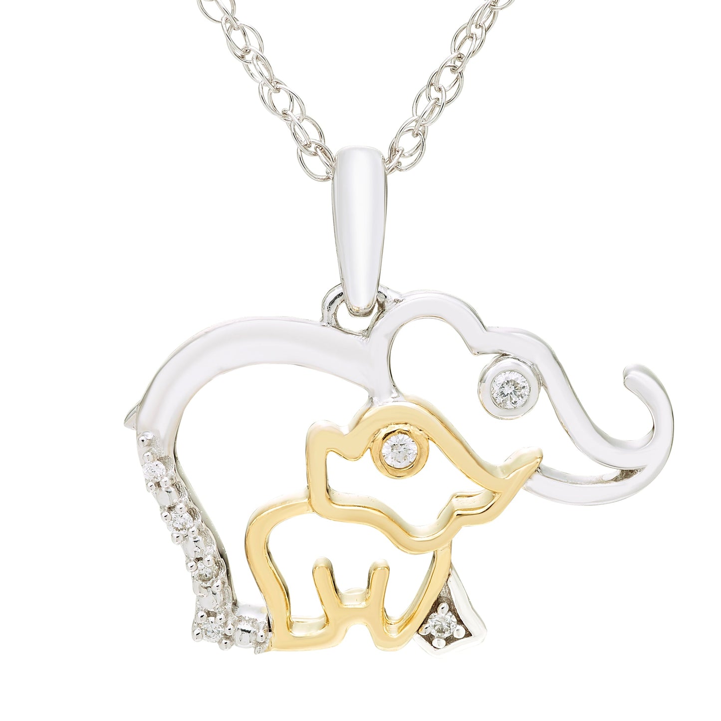 Two-Tone Diamond Mom-Child Elephant Pendant in 14K Yellow Gold Plated Sterling Silver