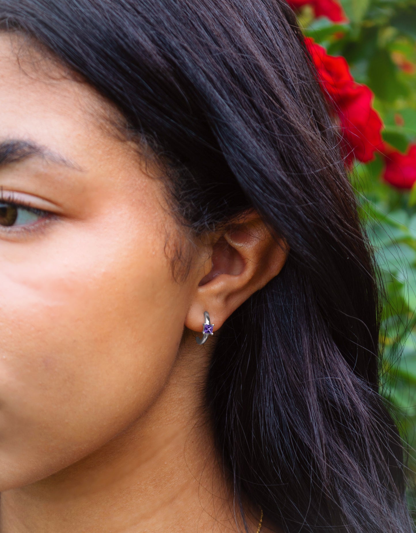 Amethyst Princess Cut Half Hoop February Birthstone Earrings in .925 Sterling Silver
