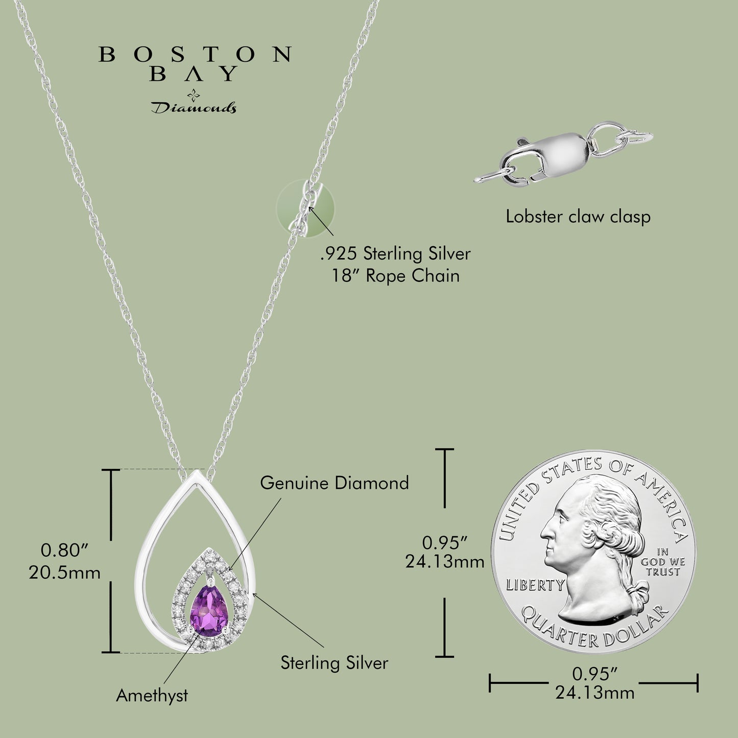 Amethyst Pear Cut & 1/8cttw Diamond Double Teardrop Pendant Necklace in .925 Sterling Silver with 18" Rope Chain