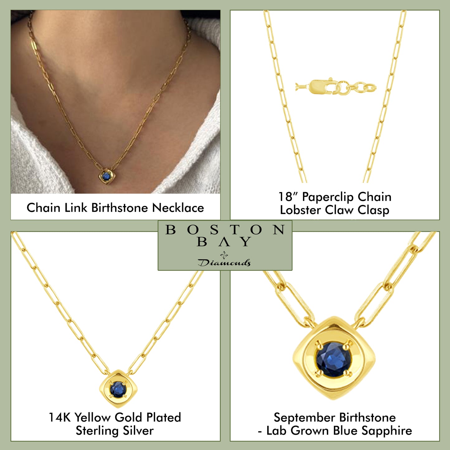 14K Yellow Gold Plated Sterling Silver Lab-Grown Blue Sapphire Paperclip Chain Link Necklace, 18"