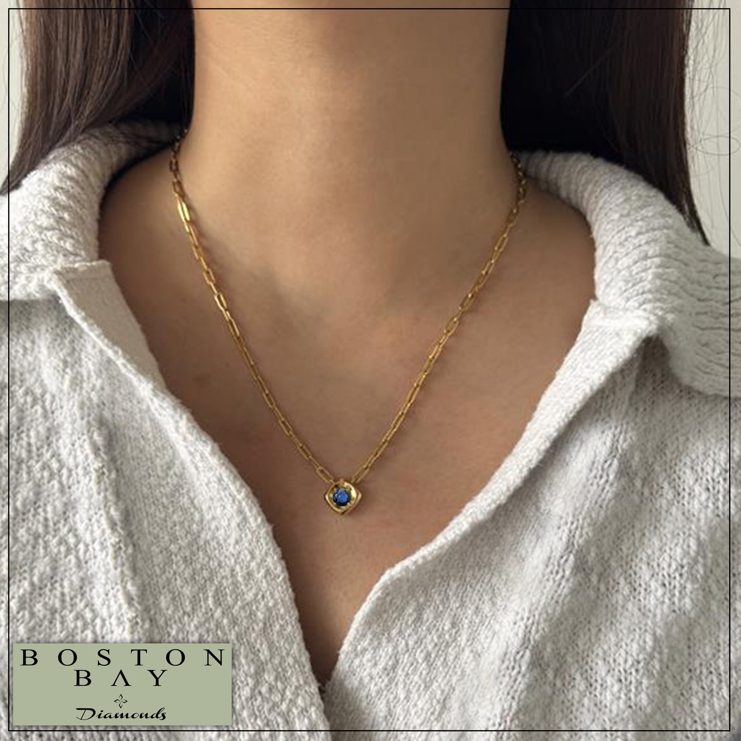 14K Yellow Gold Plated Sterling Silver Lab-Grown Blue Sapphire Paperclip Chain Link Necklace, 18"