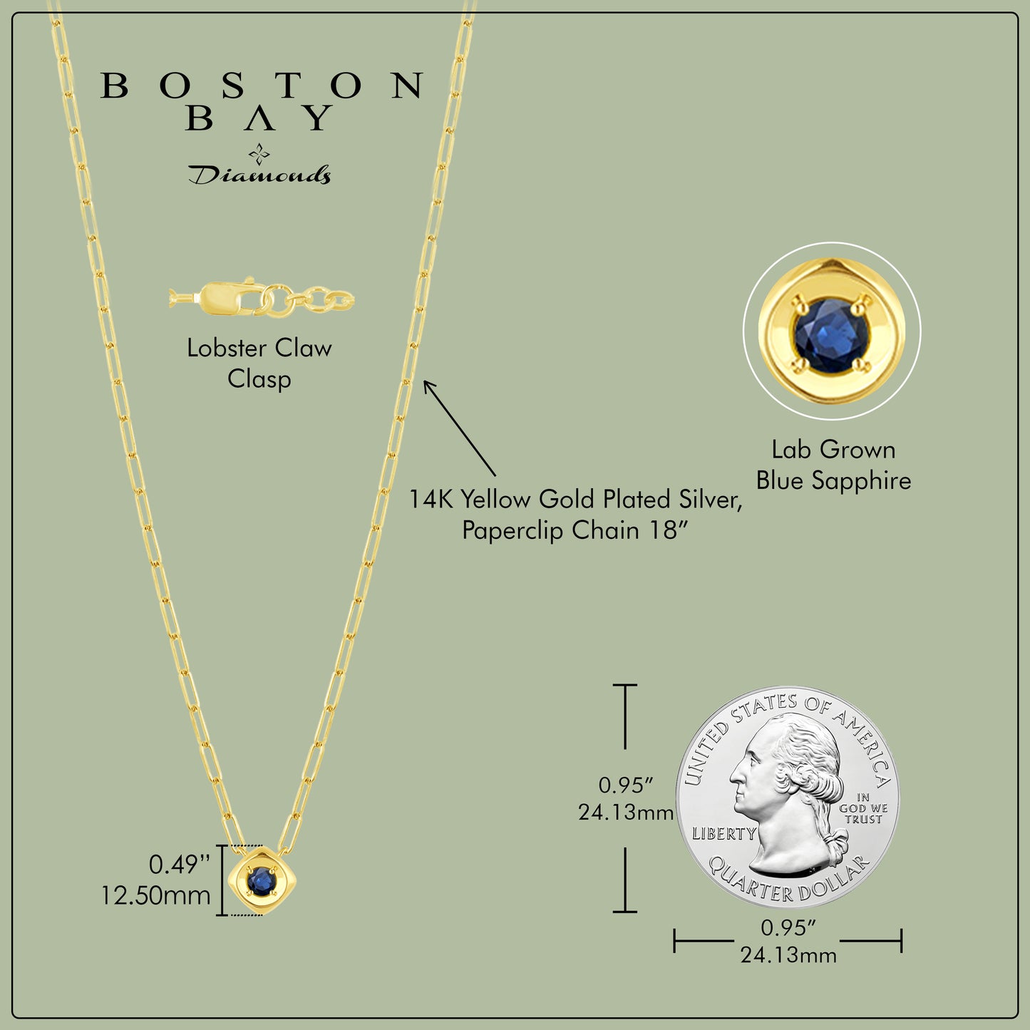 14K Yellow Gold Plated Sterling Silver Lab-Grown Blue Sapphire Paperclip Chain Link Necklace, 18"