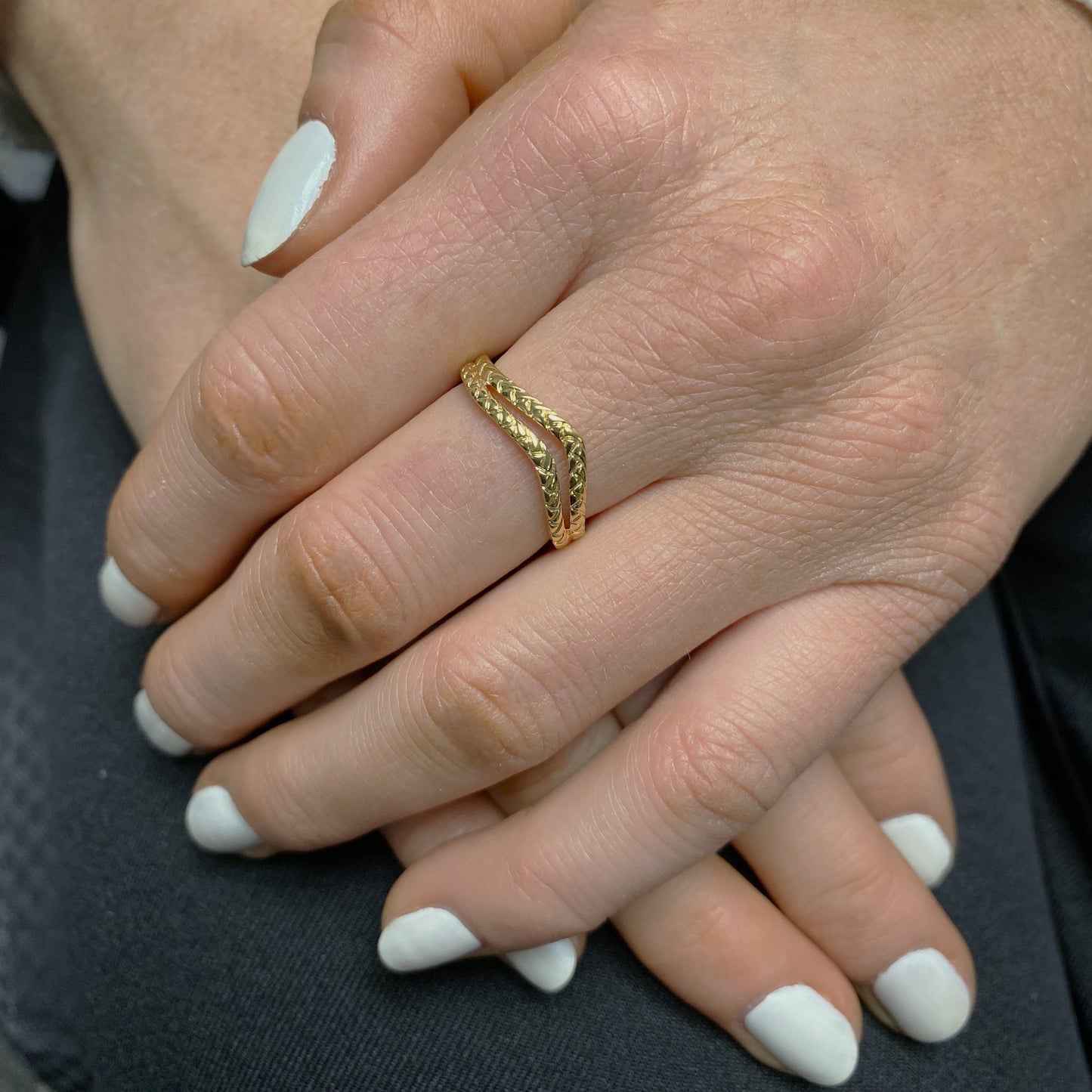 Curved Chevron Split Stacking Ring in 14K Yellow Gold Sterling Silver