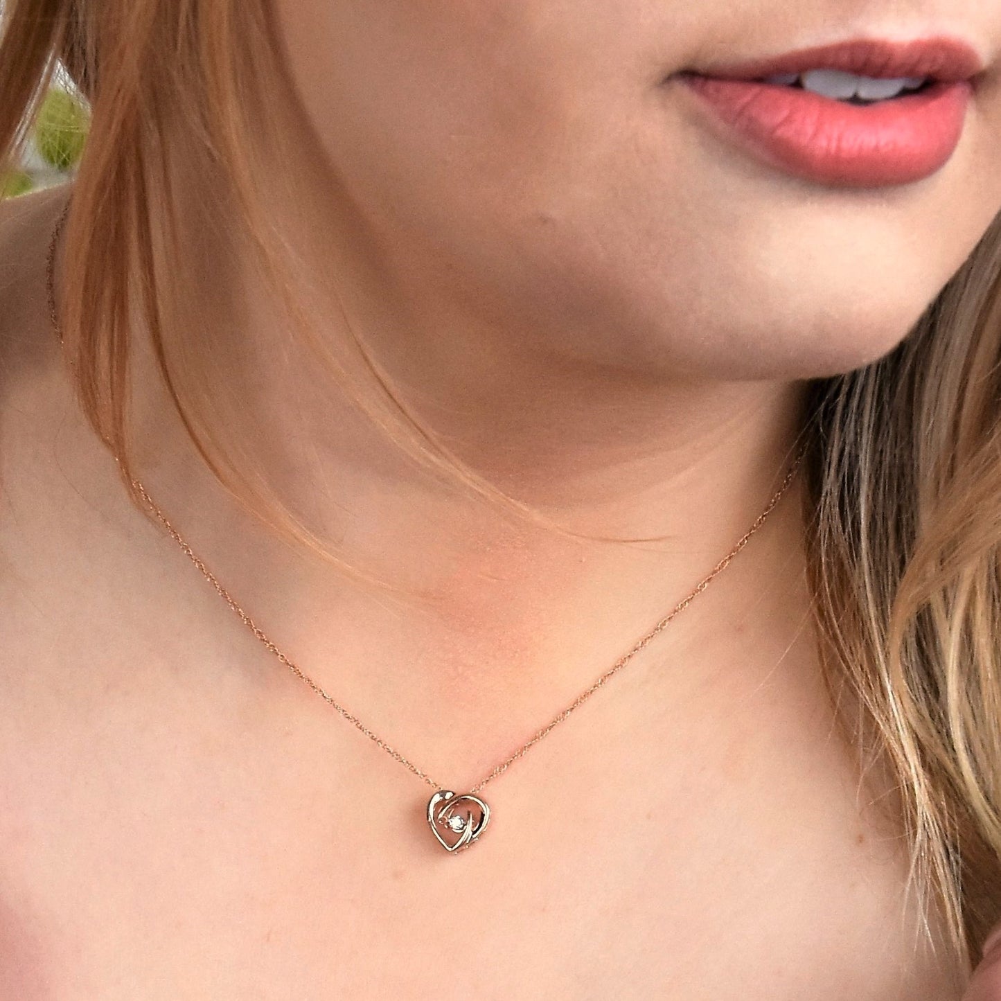 Genuine Dancing Diamond Heart Pendant 14K Rose Gold Sterling Silver