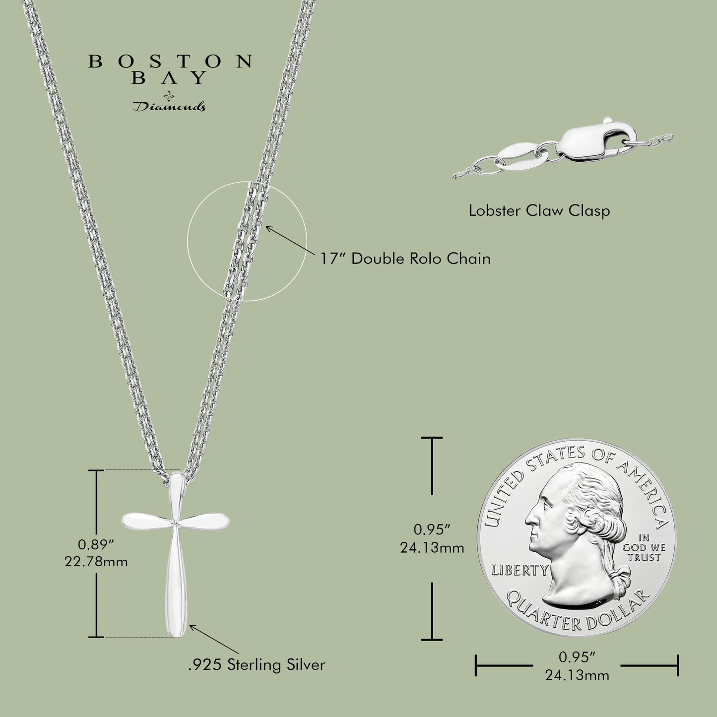 Sterling Silver High-Polished Cross Pendant with 17" Double Rolo Chain