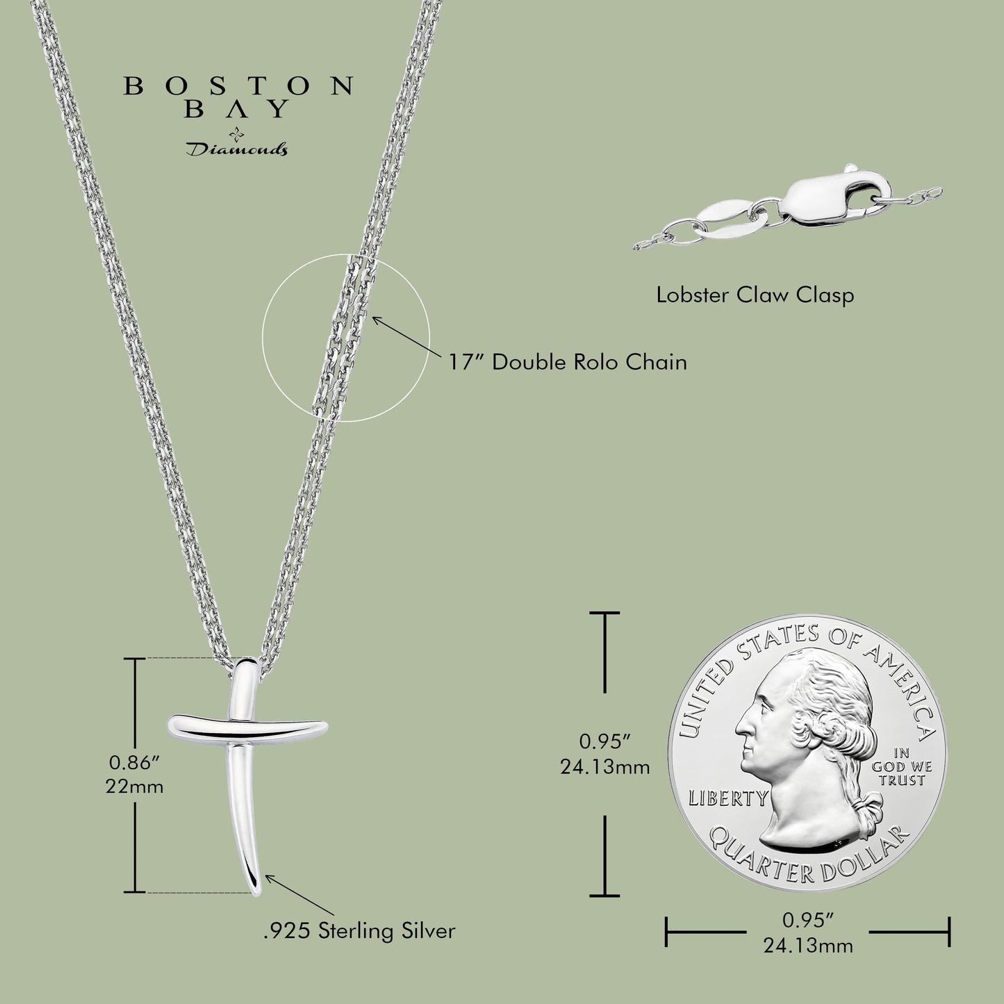 Sterling Silver Modern Cross Pendant with 17" Double Rolo Chain