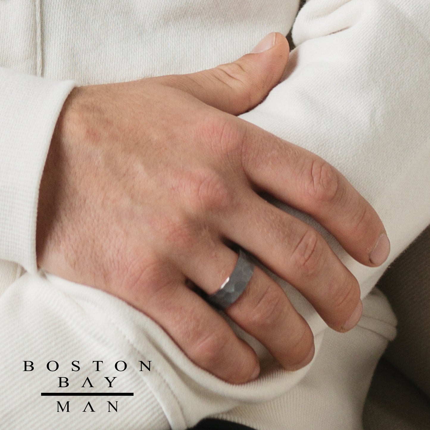Tantalum 8mm Hammered Texture & Ion Plated Rose Stainless Steel Band Ring