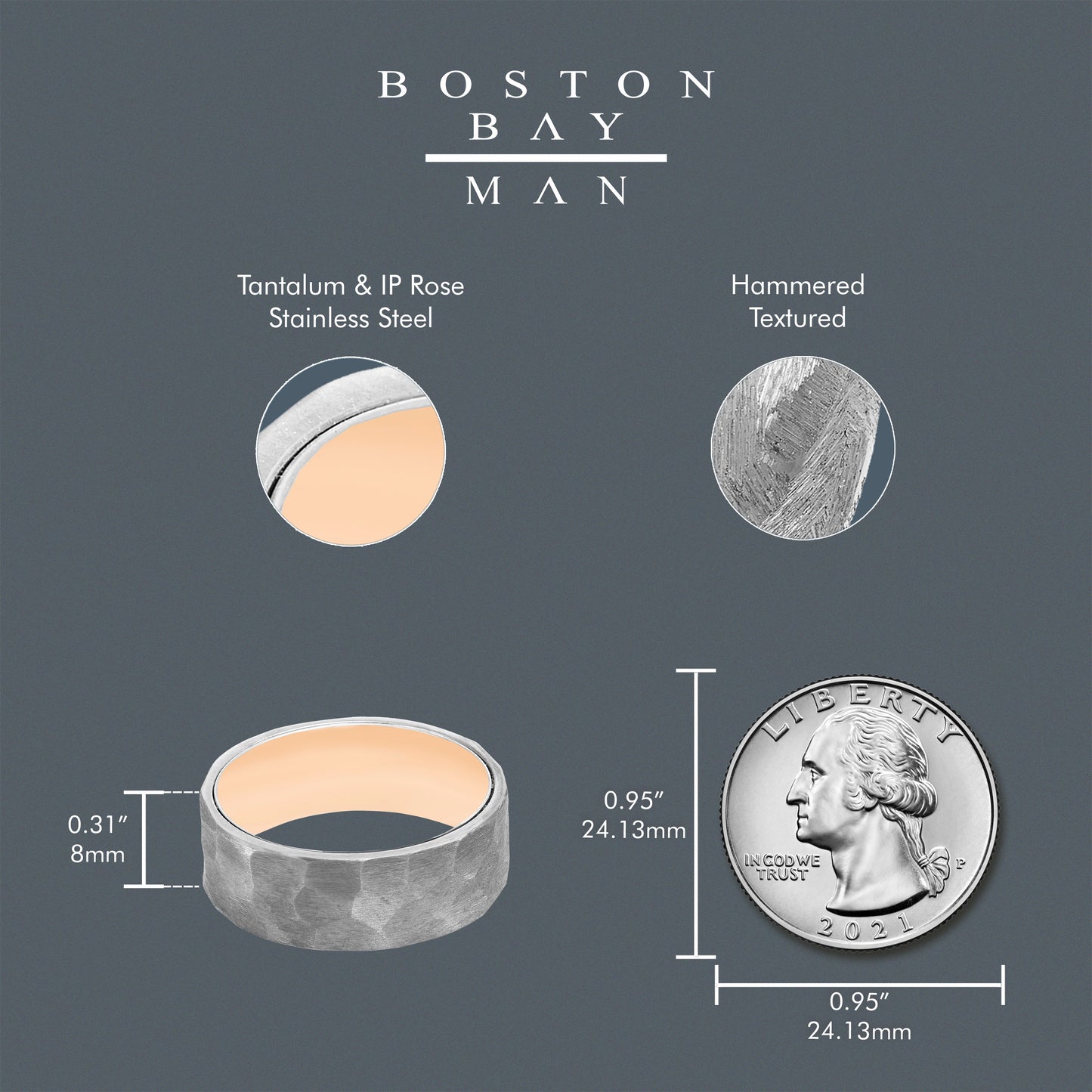 Tantalum 8mm Hammered Texture & Ion Plated Rose Stainless Steel Band Ring
