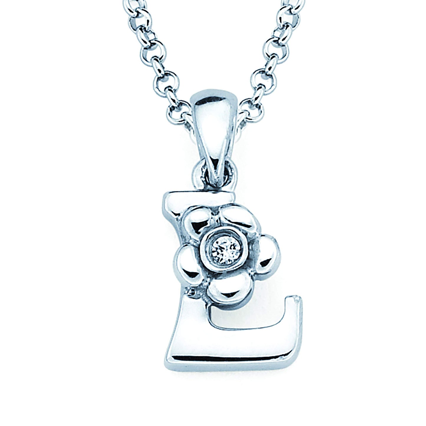 Sterling Silver Diamond Accent Floral Initial Pendant with 14" Rolo Chain & 2" Ext, Choice of Letter