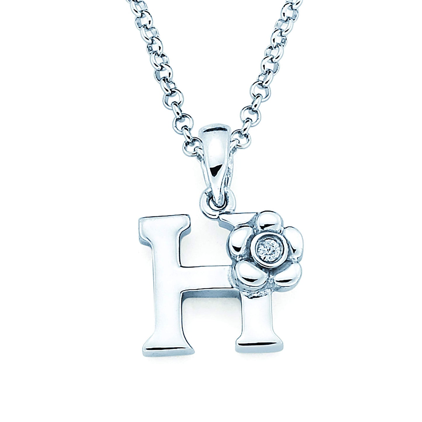 Sterling Silver Diamond Accent Floral Initial Pendant with 14" Rolo Chain & 2" Ext, Choice of Letter