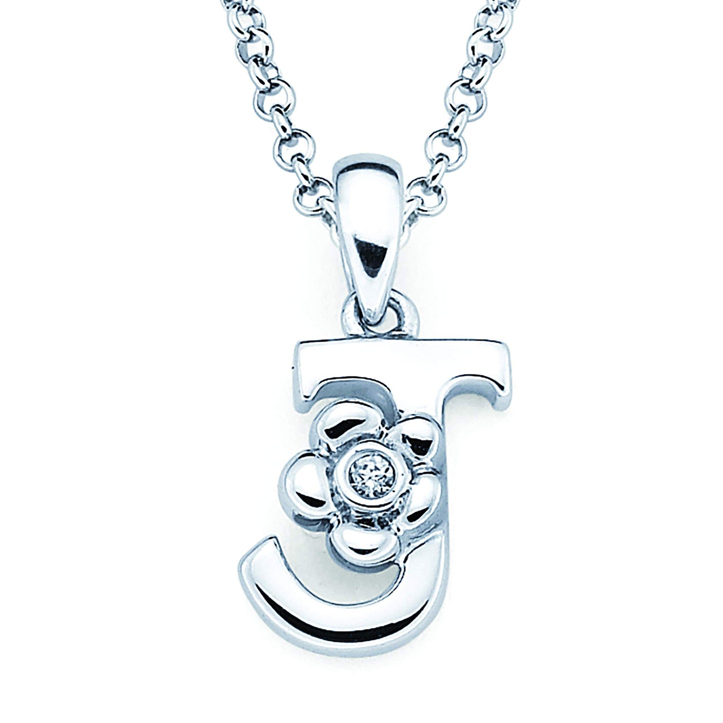Sterling Silver Diamond Accent Floral Initial Pendant with 14" Rolo Chain & 2" Ext, Choice of Letter