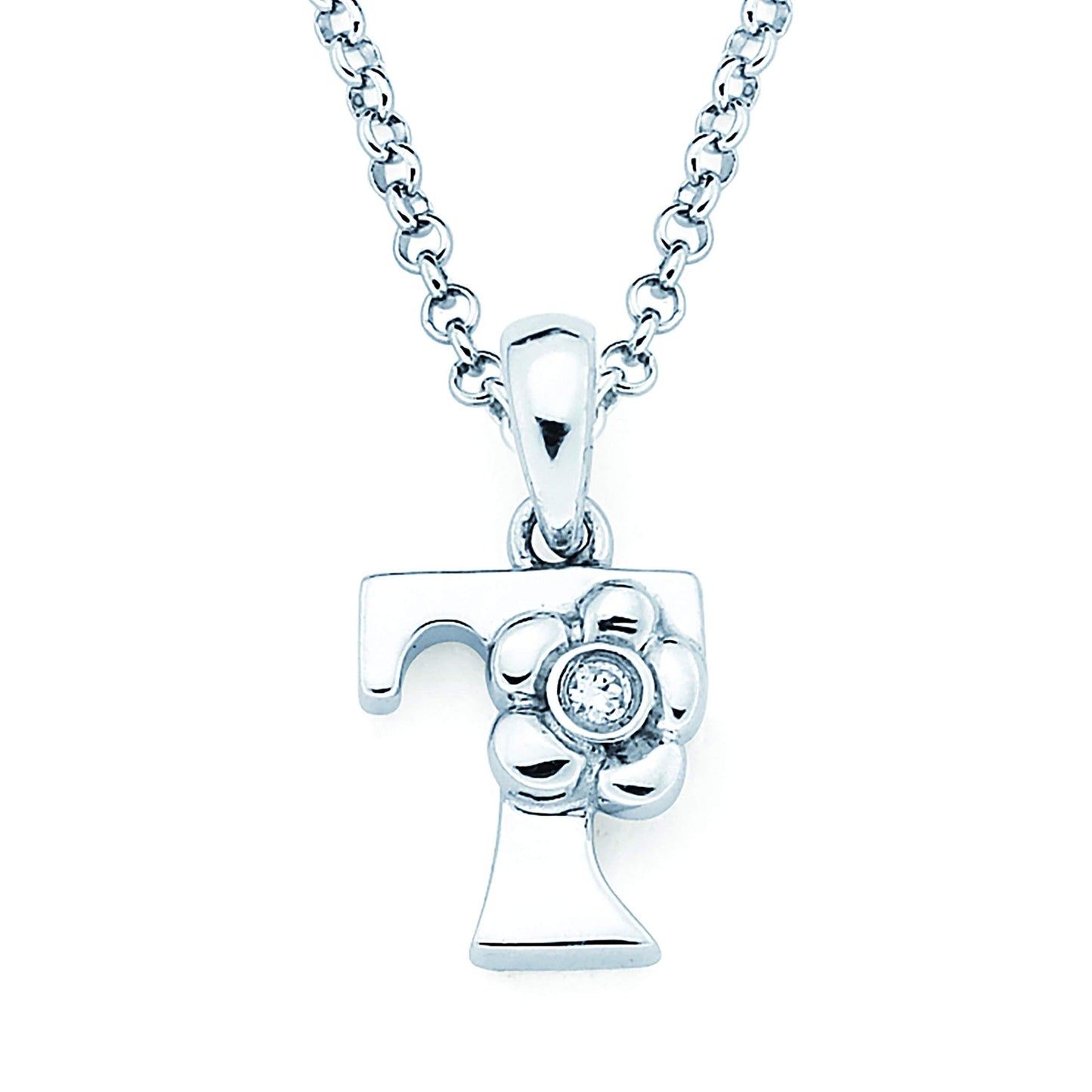 Sterling Silver Diamond Accent Floral Initial Pendant with 14" Rolo Chain & 2" Ext, Choice of Letter