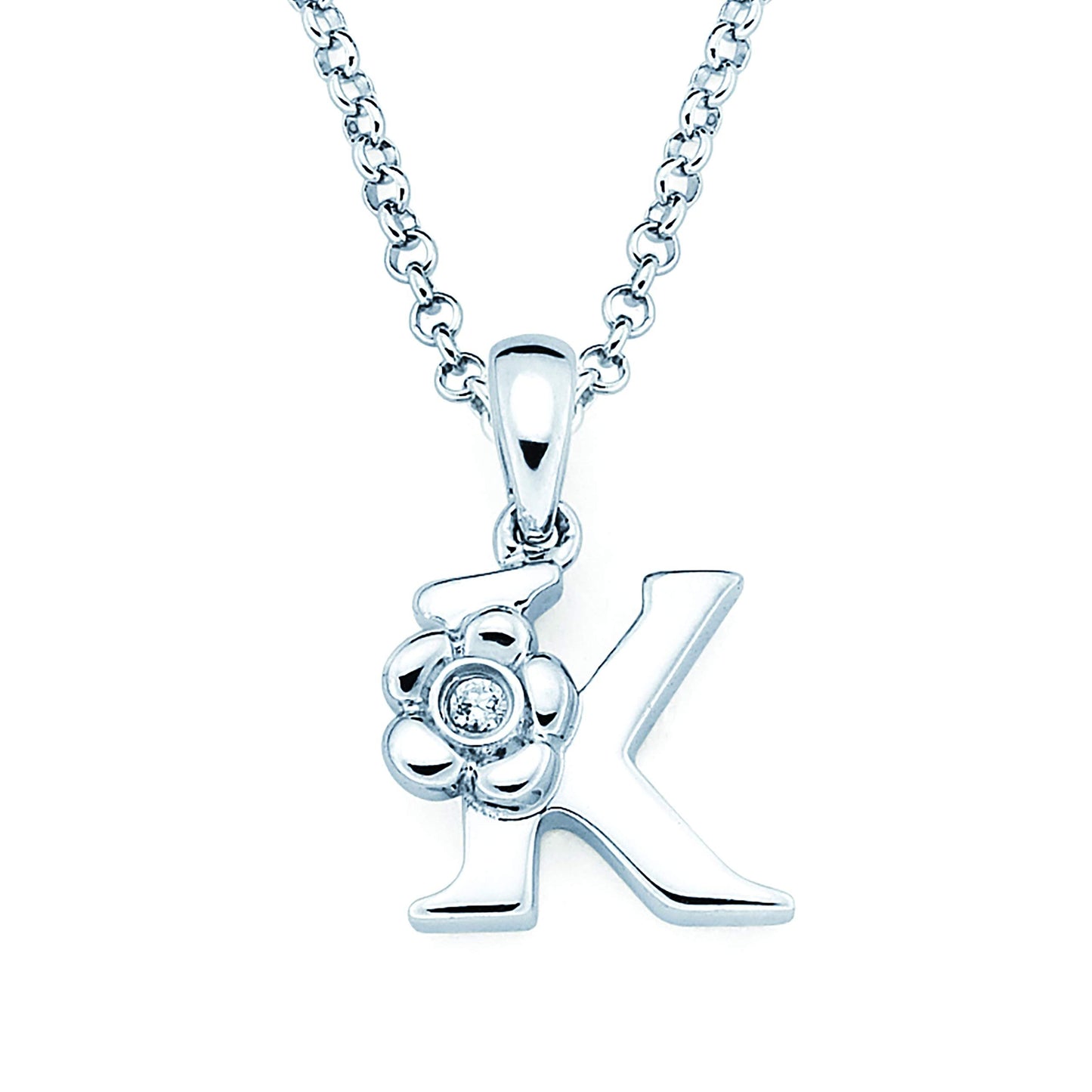 Sterling Silver Diamond Accent Floral Initial Pendant with 14" Rolo Chain & 2" Ext, Choice of Letter