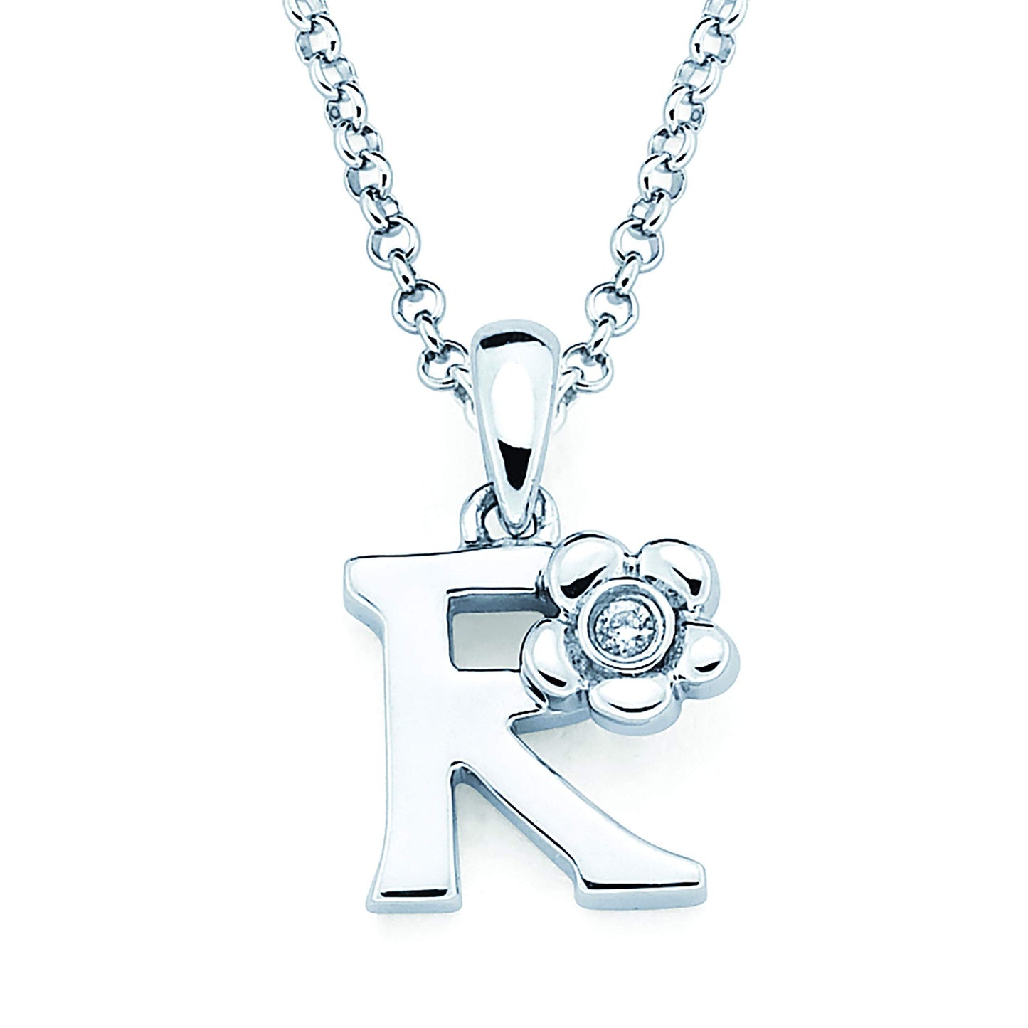 Sterling Silver Diamond Accent Floral Initial Pendant with 14" Rolo Chain & 2" Ext, Choice of Letter