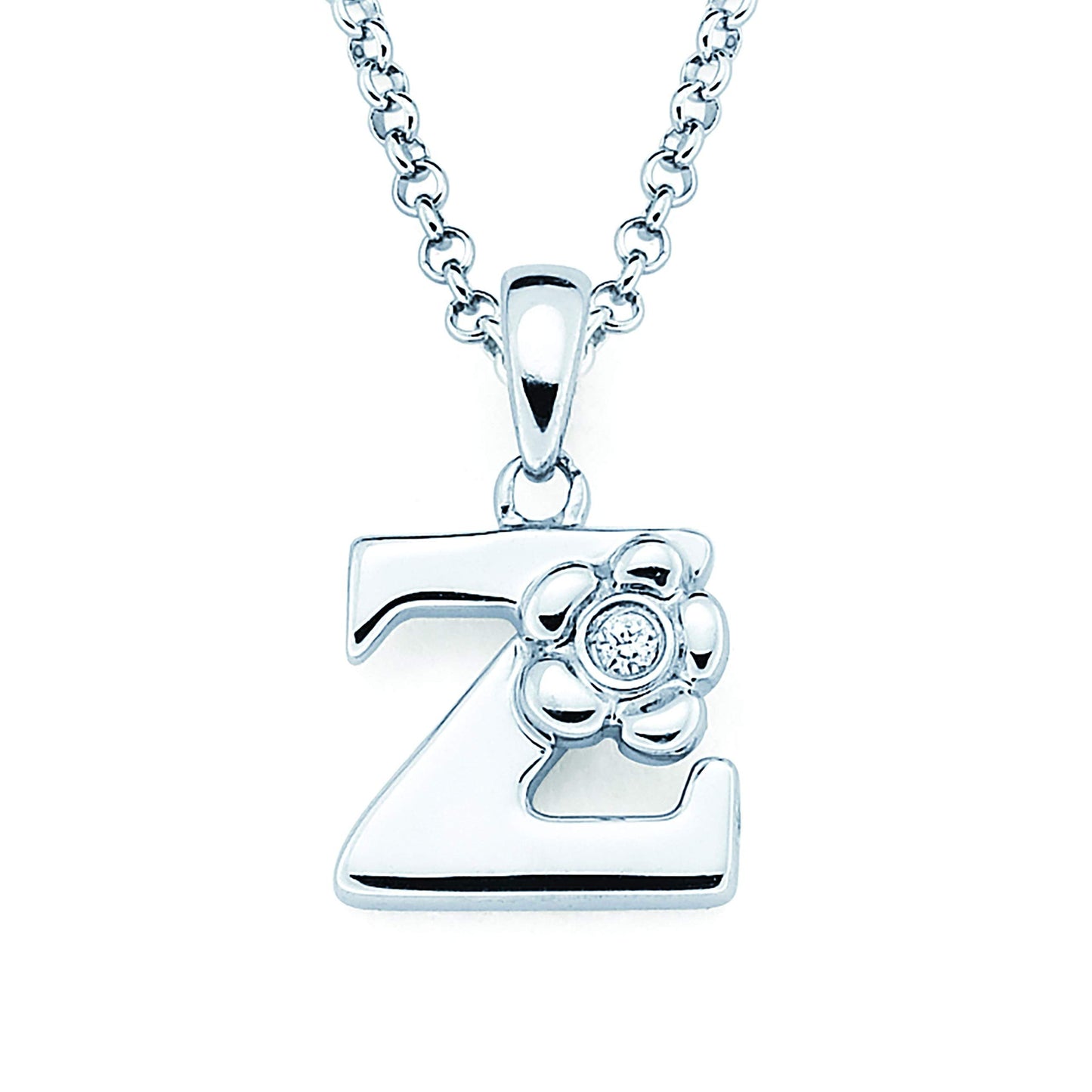 Sterling Silver Diamond Accent Floral Initial Pendant with 14" Rolo Chain & 2" Ext, Choice of Letter