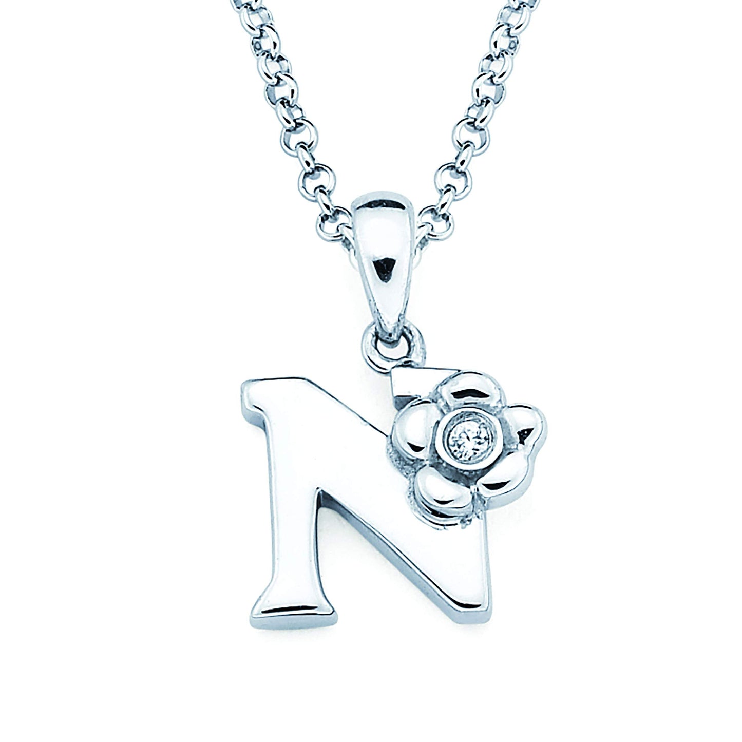 Sterling Silver Diamond Accent Floral Initial Pendant with 14" Rolo Chain & 2" Ext, Choice of Letter
