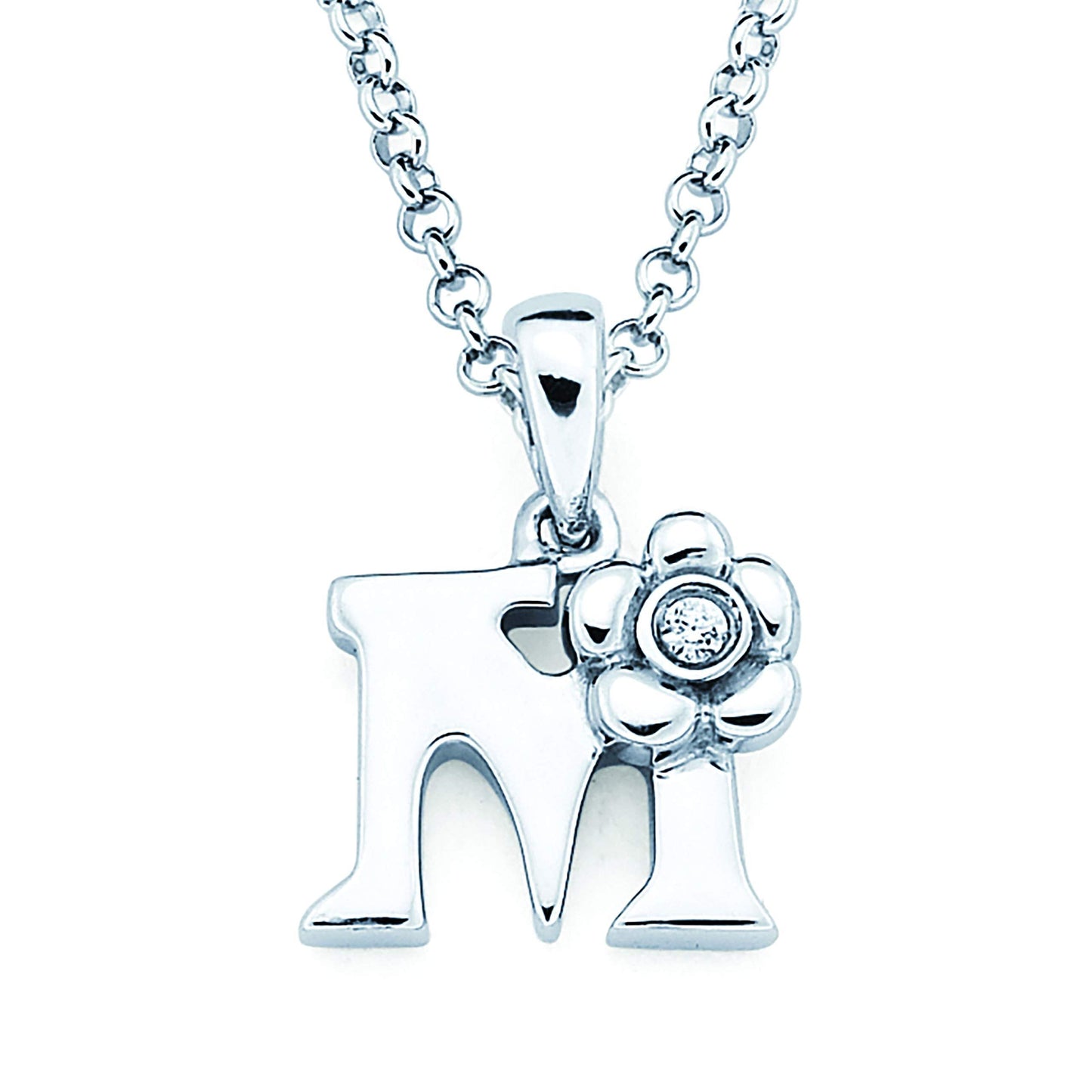 Sterling Silver Diamond Accent Floral Initial Pendant with 14" Rolo Chain & 2" Ext, Choice of Letter