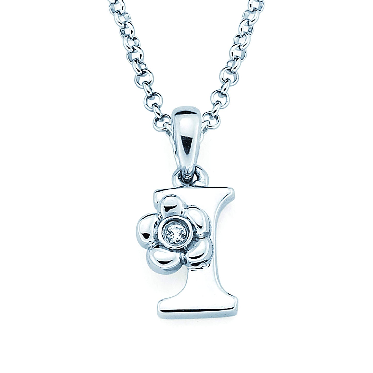 Sterling Silver Diamond Accent Floral Initial Pendant with 14" Rolo Chain & 2" Ext, Choice of Letter