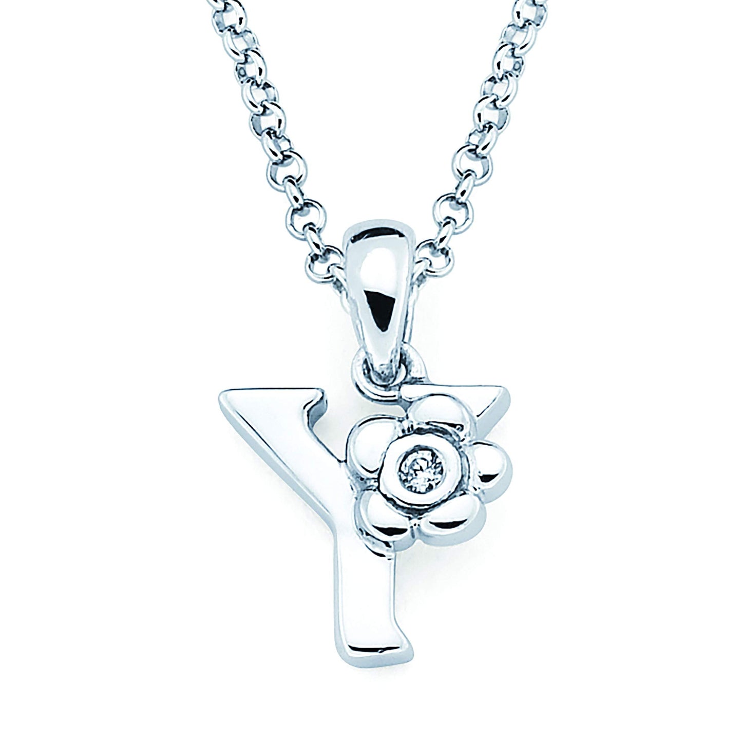 Sterling Silver Diamond Accent Floral Initial Pendant with 14" Rolo Chain & 2" Ext, Choice of Letter