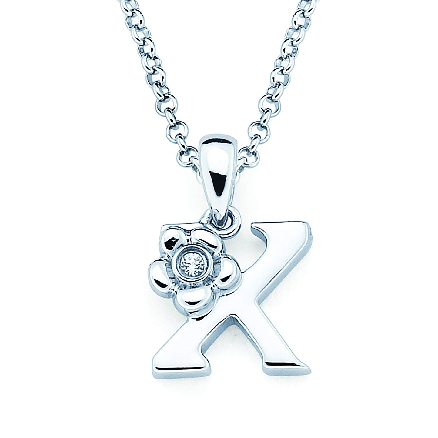 Sterling Silver Diamond Accent Floral Initial Pendant with 14" Rolo Chain & 2" Ext, Choice of Letter