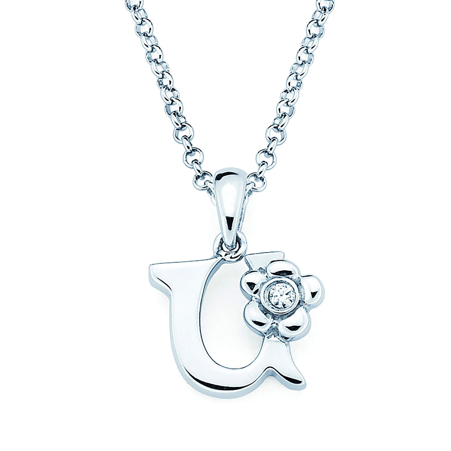Sterling Silver Diamond Accent Floral Initial Pendant with 14" Rolo Chain & 2" Ext, Choice of Letter
