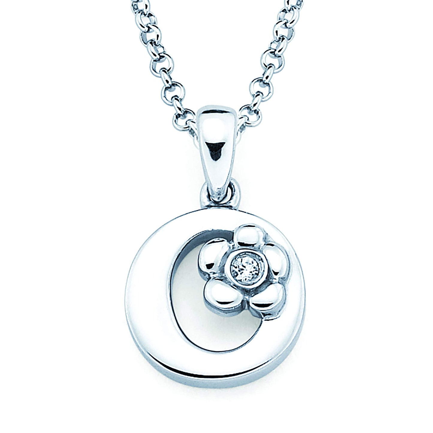 Sterling Silver Diamond Accent Floral Initial Pendant with 14" Rolo Chain & 2" Ext, Choice of Letter