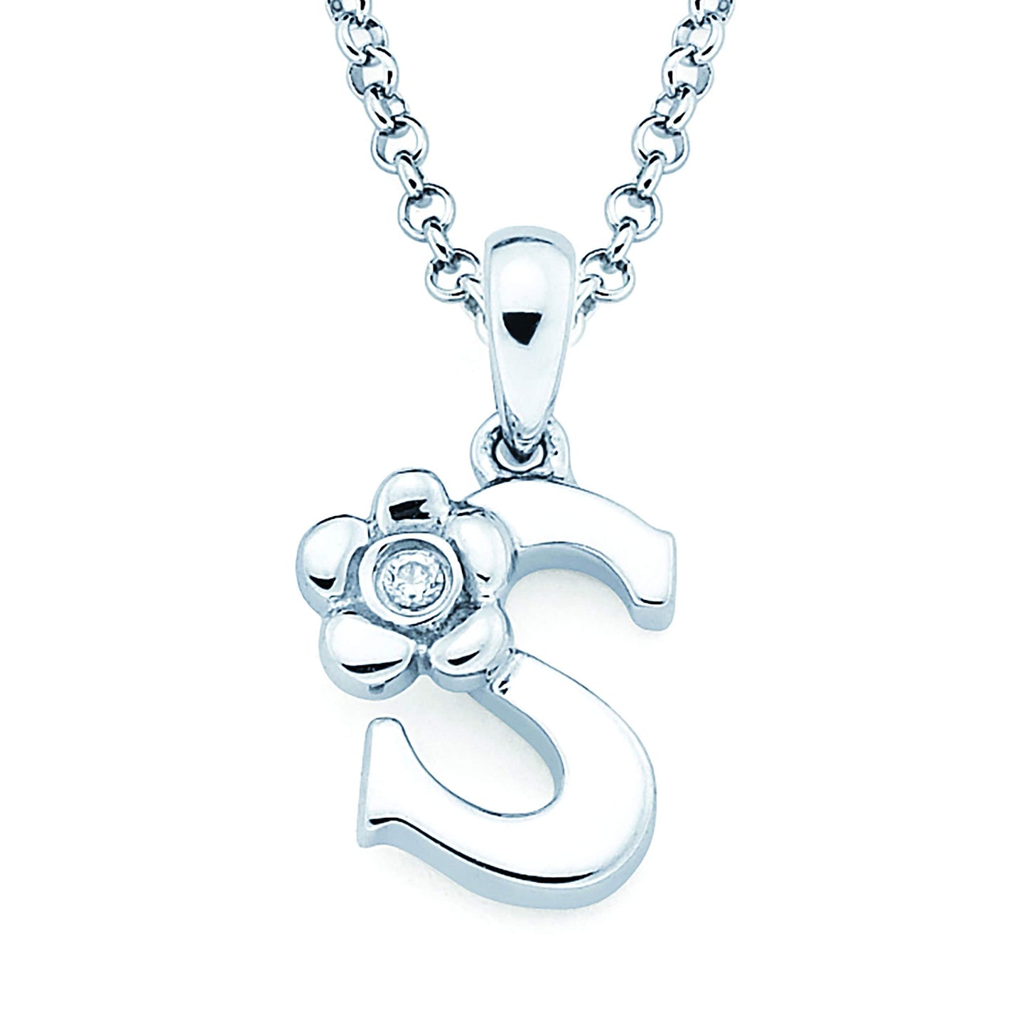 Sterling Silver Diamond Accent Floral Initial Pendant with 14" Rolo Chain & 2" Ext, Choice of Letter