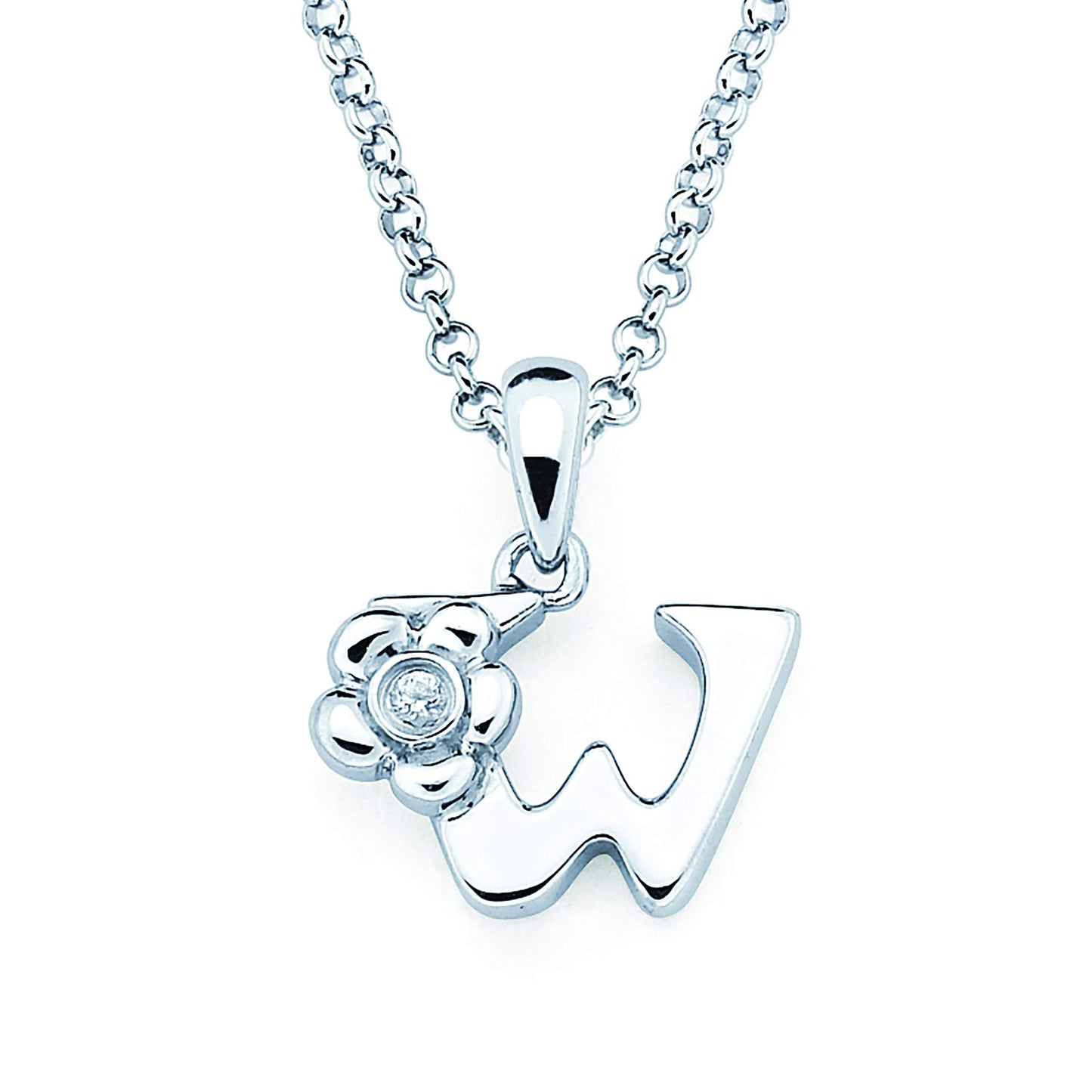 Sterling Silver Diamond Accent Floral Initial Pendant with 14" Rolo Chain & 2" Ext, Choice of Letter