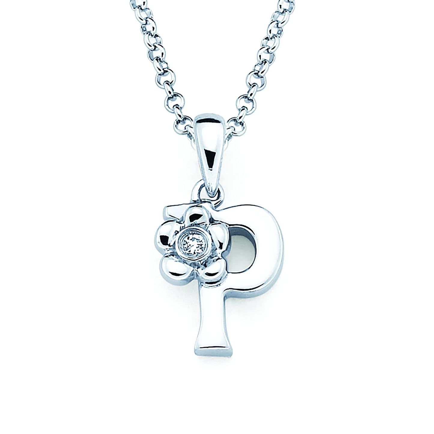 Sterling Silver Diamond Accent Floral Initial Pendant with 14" Rolo Chain & 2" Ext, Choice of Letter