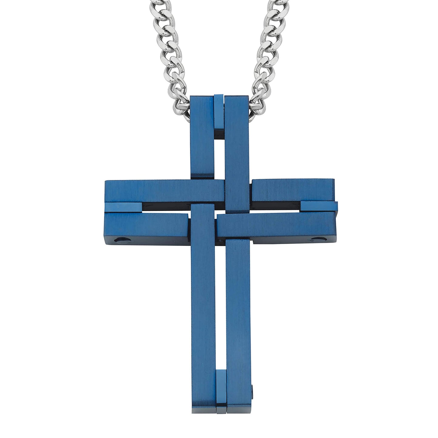 Woven Cross Pendant in IP Blue Stainless Steel with 24" Curb Chain